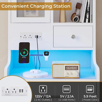 Table de chevet haute avec station de recharge, 3 tiroirs et étagères, porte en verre et éclairage LED