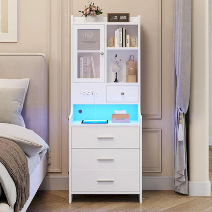 Table de chevet haute avec station de recharge, 3 tiroirs et étagères, porte en verre et éclairage LED