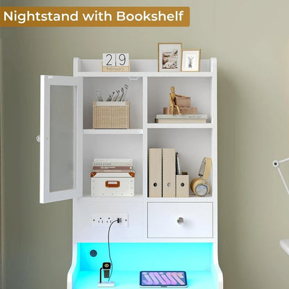 Table de chevet haute avec station de recharge, 3 tiroirs et étagères, porte en verre et éclairage LED