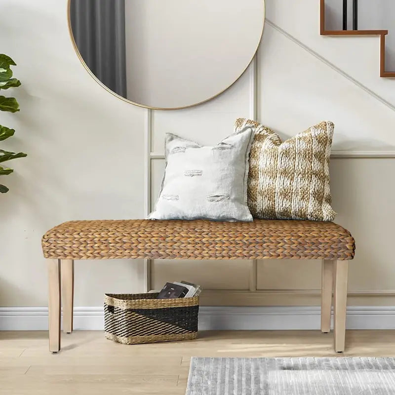 Banc d'intérieur M4H Sultan en bois massif et jacinthe d'eau naturelle