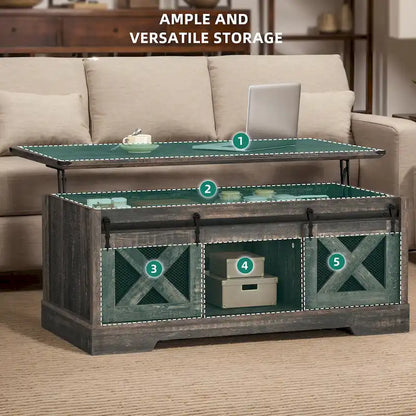 Table basse Moasis à plateau relevable avec rangements et étagères dissimulés, portes coulissantes de style grange.