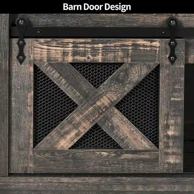 Table basse Moasis à plateau relevable avec rangements et étagères dissimulés, portes coulissantes de style grange.