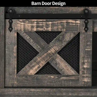 Table basse Moasis à plateau relevable avec rangements et étagères dissimulés, portes coulissantes de style grange.