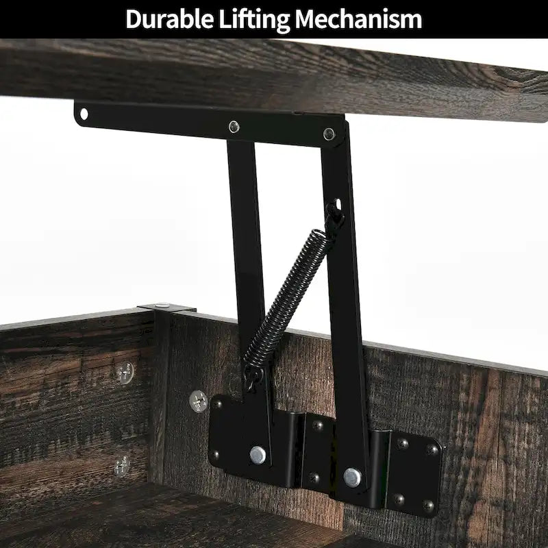 Table basse Moasis à plateau relevable avec rangements et étagères dissimulés, portes coulissantes de style grange.