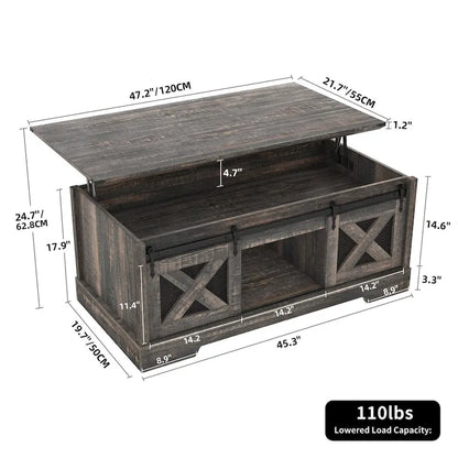 Table basse Moasis à plateau relevable avec rangements et étagères dissimulés, portes coulissantes de style grange.