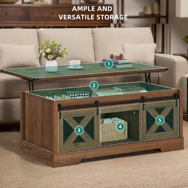 Table basse Moasis à plateau relevable avec rangements et étagères dissimulés, portes coulissantes de style grange.