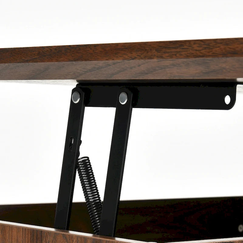 Table basse Moasis à plateau relevable avec rangements et étagères dissimulés, portes coulissantes de style grange.