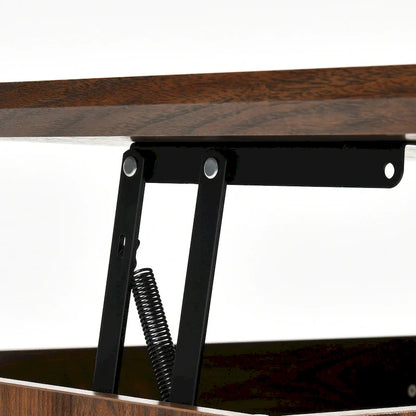 Table basse Moasis à plateau relevable avec rangements et étagères dissimulés, portes coulissantes de style grange.