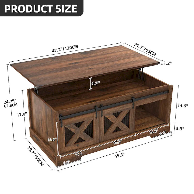 Table basse Moasis à plateau relevable avec rangements et étagères dissimulés, portes coulissantes de style grange.