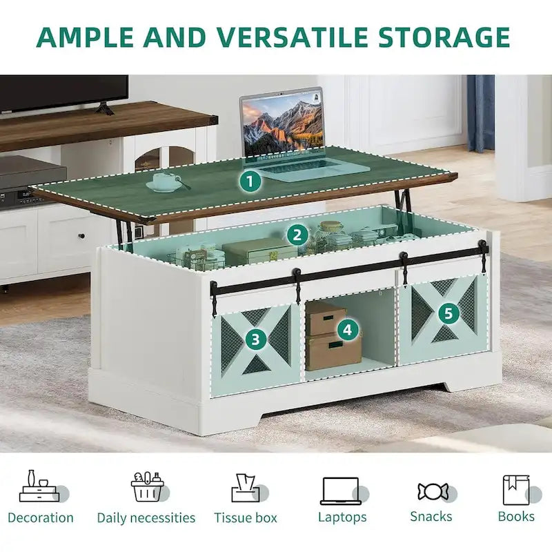 Table basse Moasis à plateau relevable avec rangements et étagères dissimulés, portes coulissantes de style grange.