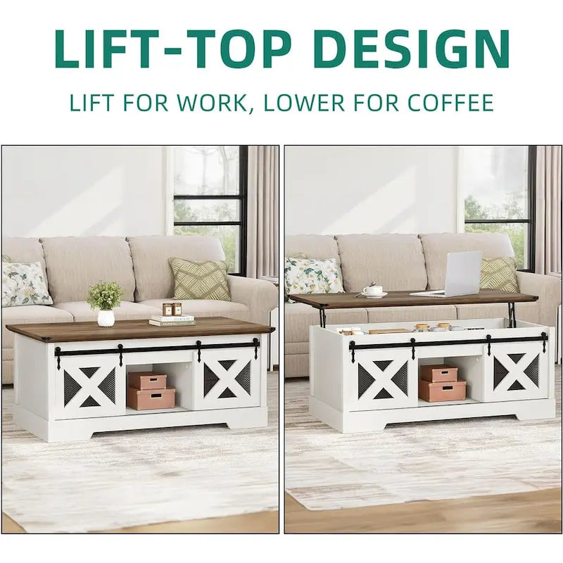 Table basse Moasis à plateau relevable avec rangements et étagères dissimulés, portes coulissantes de style grange.