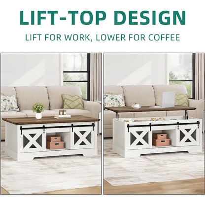 Table basse Moasis à plateau relevable avec rangements et étagères dissimulés, portes coulissantes de style grange.