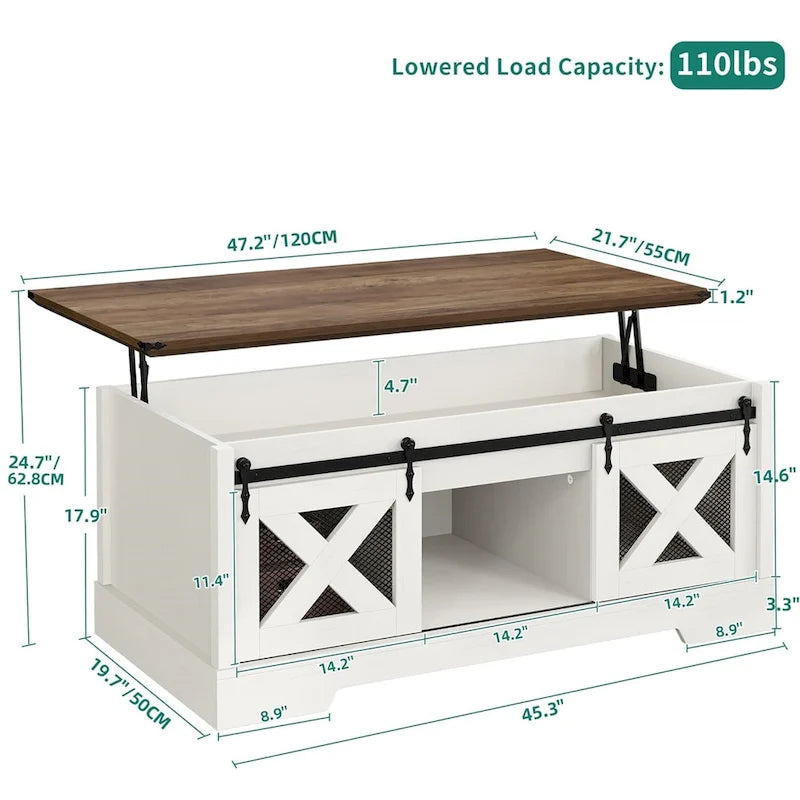Table basse Moasis à plateau relevable avec rangements et étagères dissimulés, portes coulissantes de style grange.