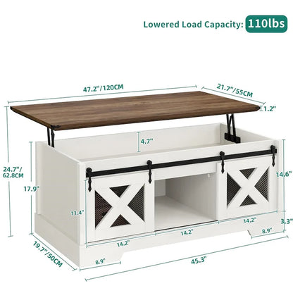 Table basse Moasis à plateau relevable avec rangements et étagères dissimulés, portes coulissantes de style grange.