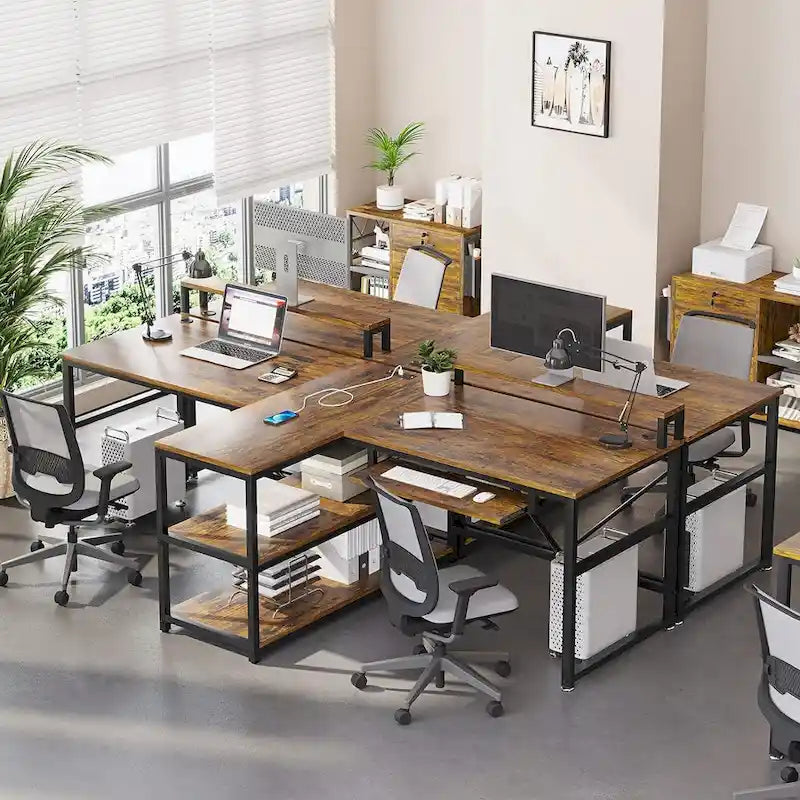 Bureau double pour deux personnes, bureau gaming LED, 2 étagères de rangement