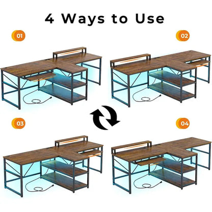 Bureau double pour deux personnes, bureau gaming LED, 2 étagères de rangement