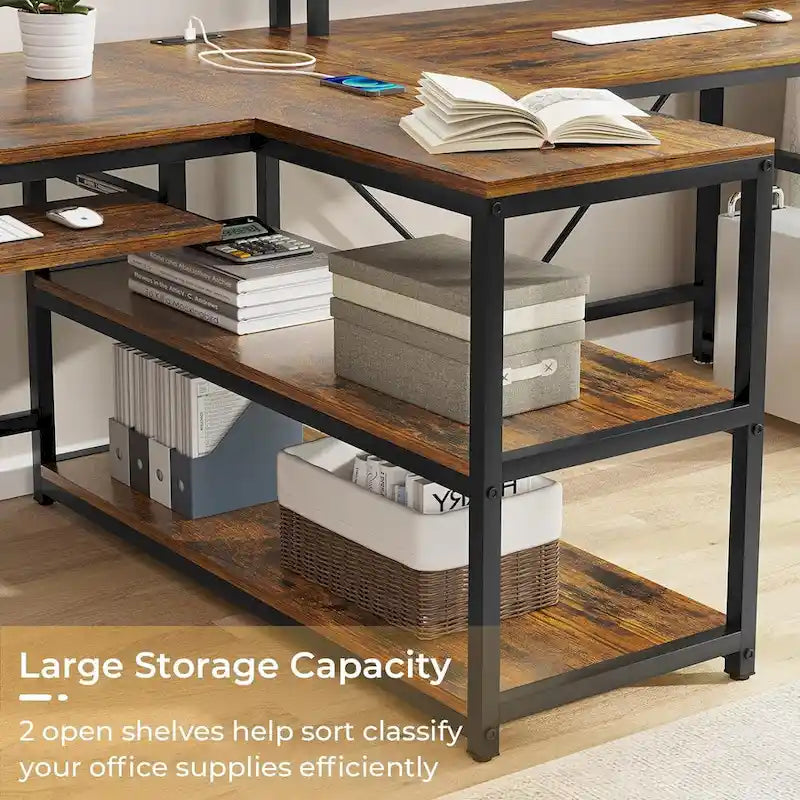 Bureau double pour deux personnes, bureau gaming LED, 2 étagères de rangement