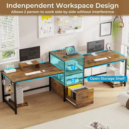 Bureau double pour deux personnes, bureau gaming LED, 2 étagères de rangement