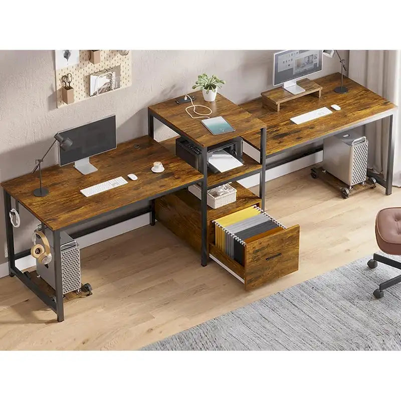 Bureau double pour deux personnes, bureau gaming LED, 2 étagères de rangement