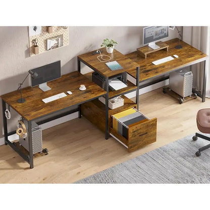 Bureau double pour deux personnes, bureau gaming LED, 2 étagères de rangement