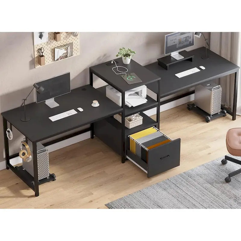 Bureau double pour deux personnes, bureau gaming LED, 2 étagères de rangement