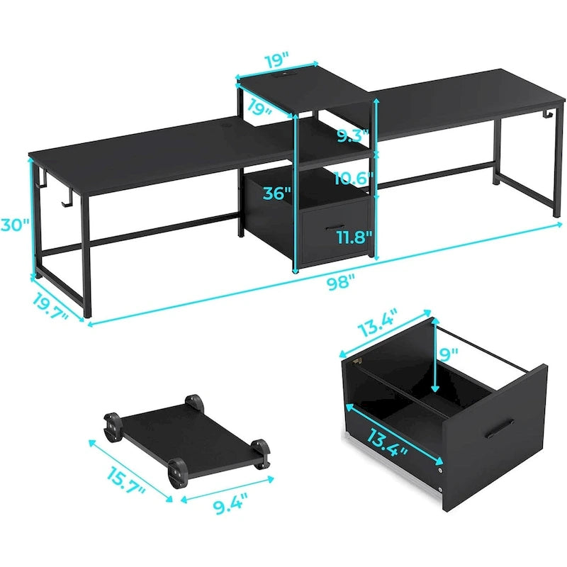 Bureau double pour deux personnes, bureau gaming LED, 2 étagères de rangement