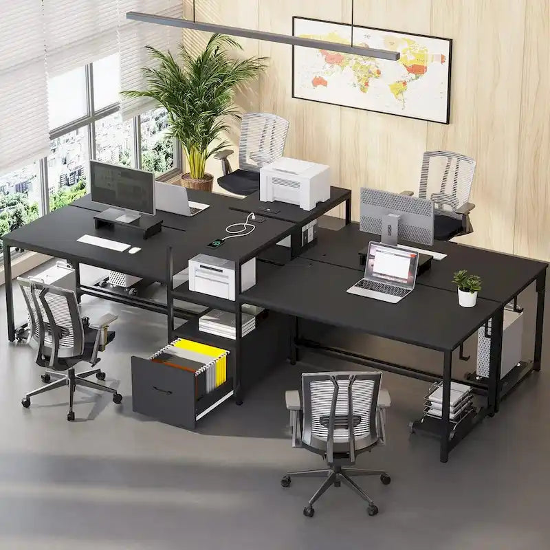 Bureau double pour deux personnes, bureau gaming LED, 2 étagères de rangement