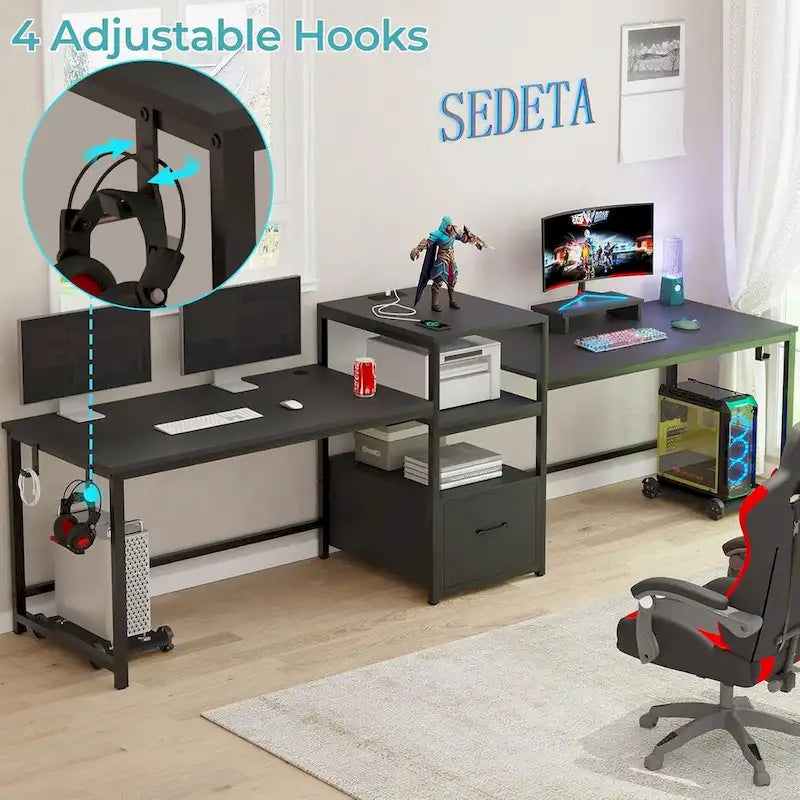 Bureau double pour deux personnes, bureau gaming LED, 2 étagères de rangement