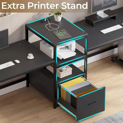 Bureau double pour deux personnes, bureau gaming LED, 2 étagères de rangement