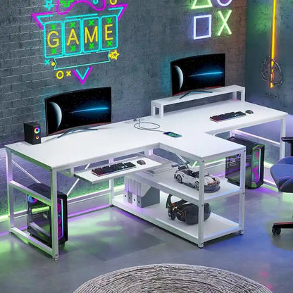 Bureau double pour deux personnes, bureau gaming LED, 2 étagères de rangement