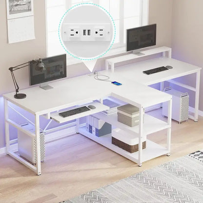 Bureau double pour deux personnes, bureau gaming LED, 2 étagères de rangement