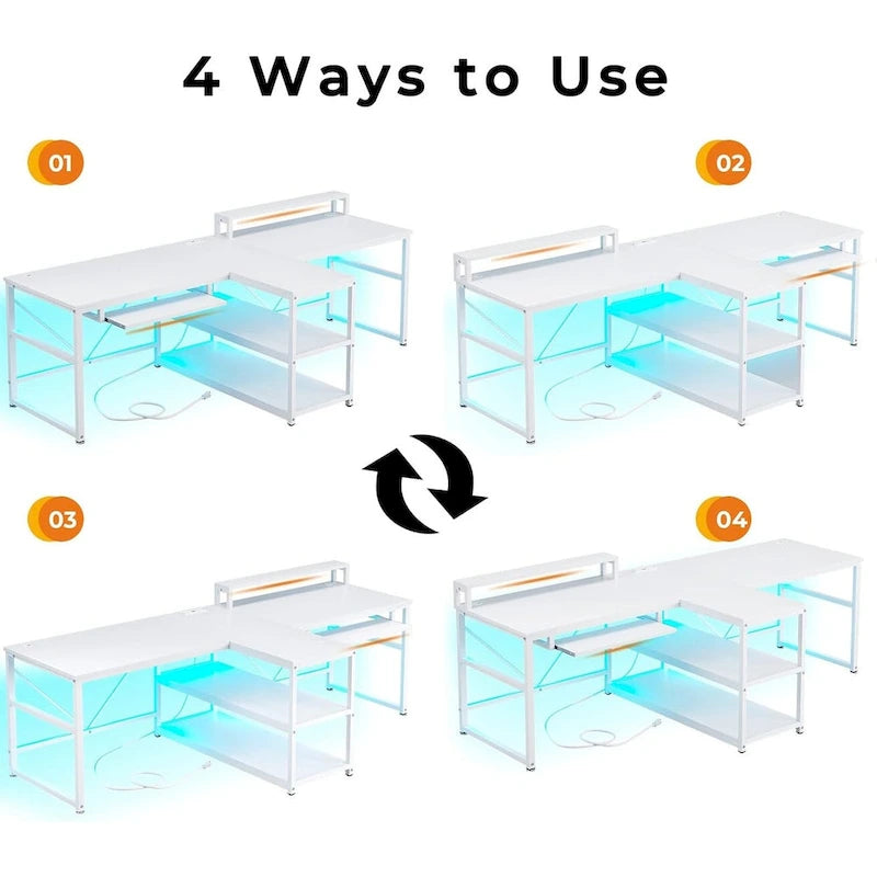 Bureau double pour deux personnes, bureau gaming LED, 2 étagères de rangement