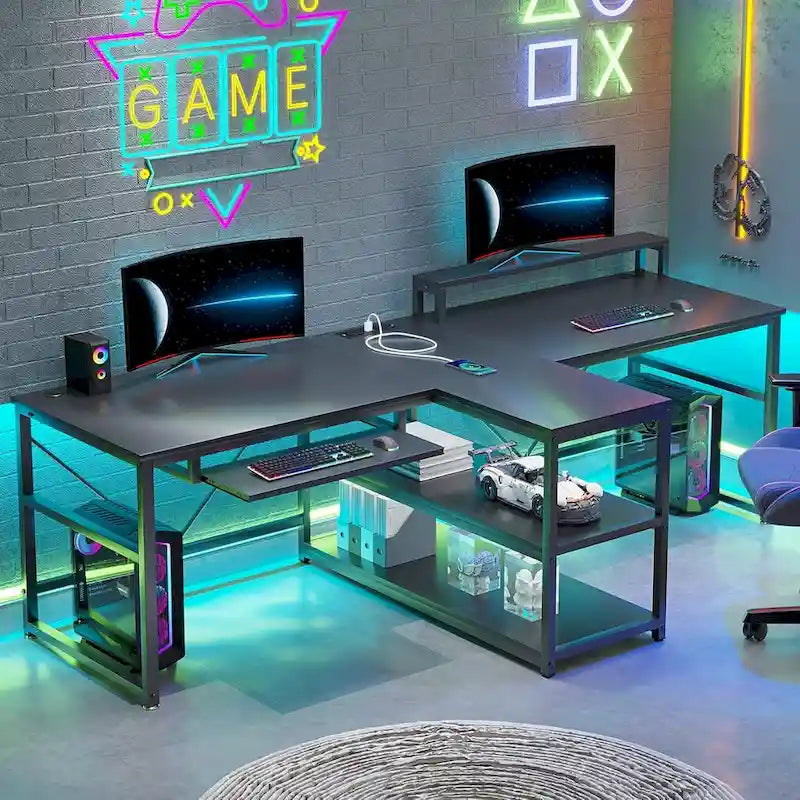 Bureau double pour deux personnes, bureau gaming LED, 2 étagères de rangement