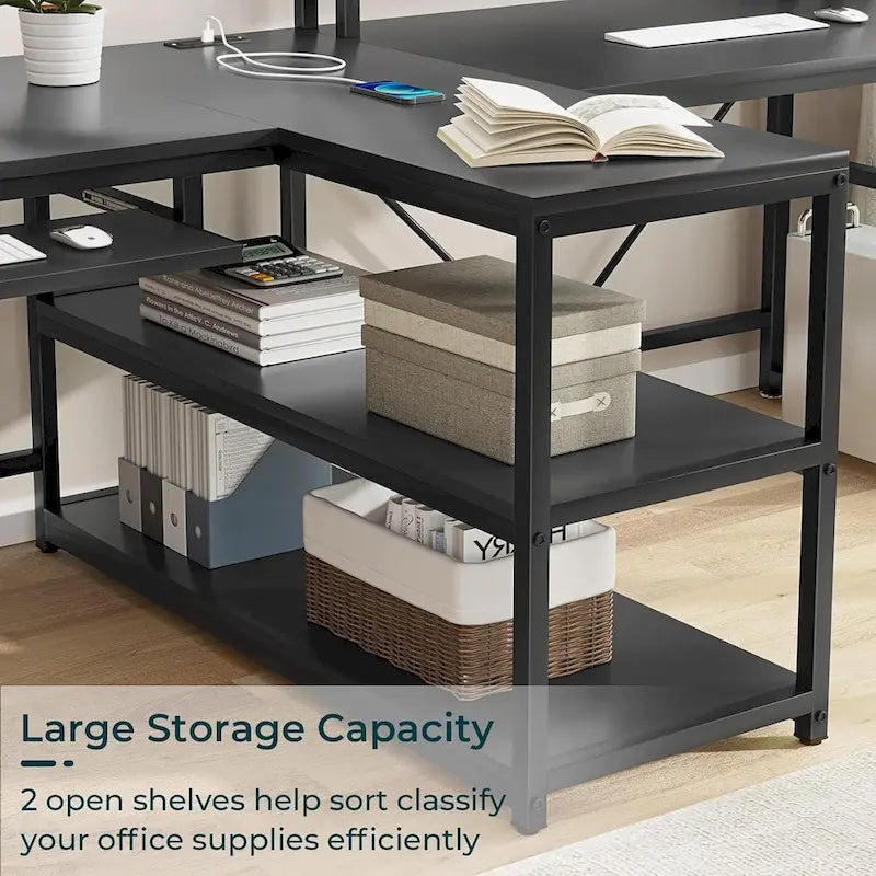 Bureau double pour deux personnes, bureau gaming LED, 2 étagères de rangement