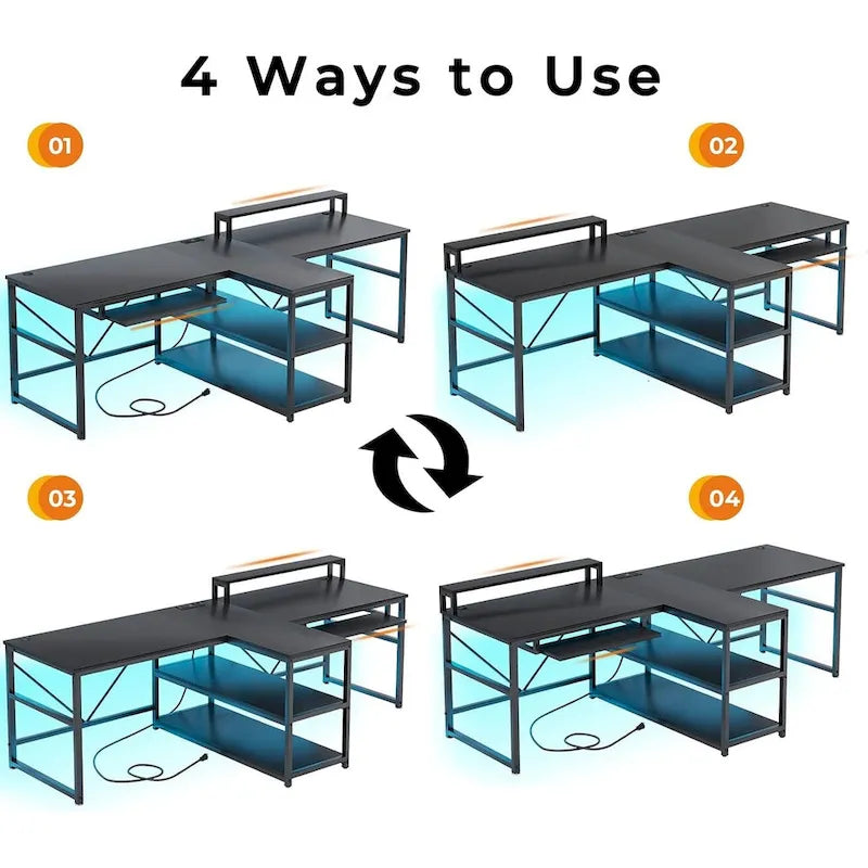 Bureau double pour deux personnes, bureau gaming LED, 2 étagères de rangement