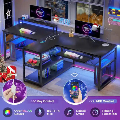 Bureau double pour deux personnes, bureau gaming LED, 2 étagères de rangement