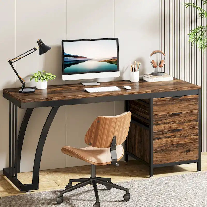 Bureau d'ordinateur réversible de 150 cm avec caisson à 3 tiroirs, style industriel, idéal pour le bureau à domicile ou la chambre.
