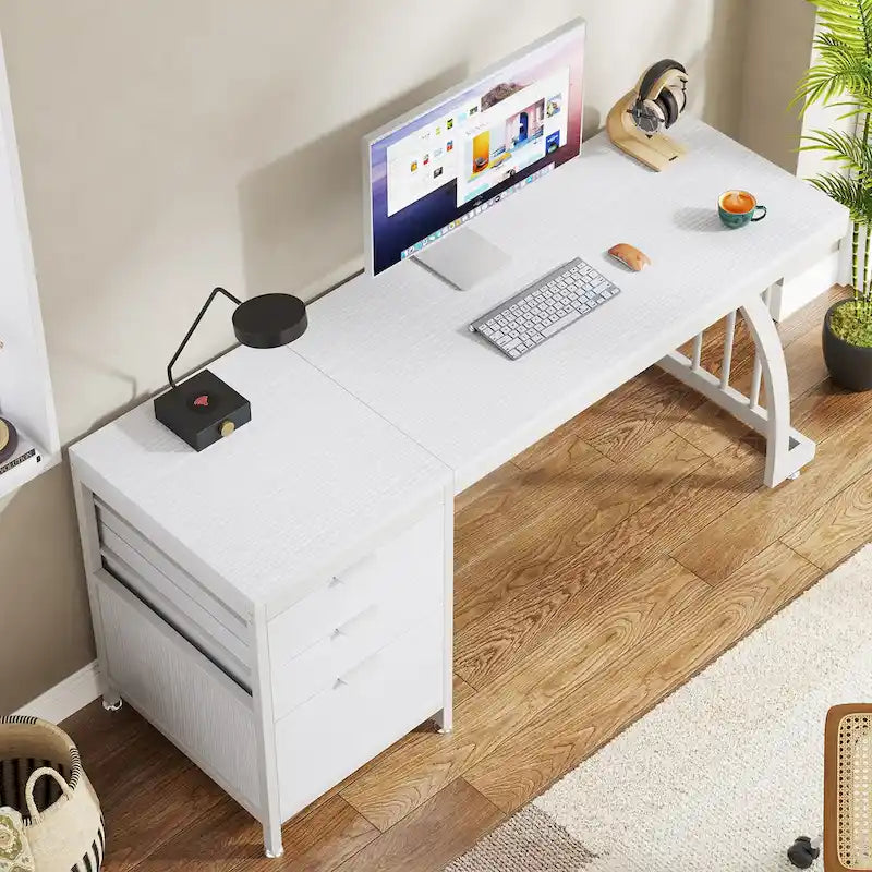 Bureau d'ordinateur réversible de 150 cm avec caisson à 3 tiroirs, style industriel, idéal pour le bureau à domicile ou la chambre.