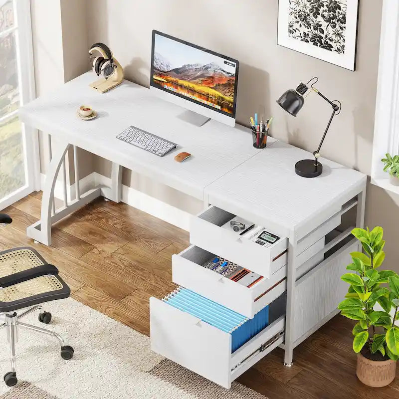 Bureau d'ordinateur réversible de 150 cm avec caisson à 3 tiroirs, style industriel, idéal pour le bureau à domicile ou la chambre.