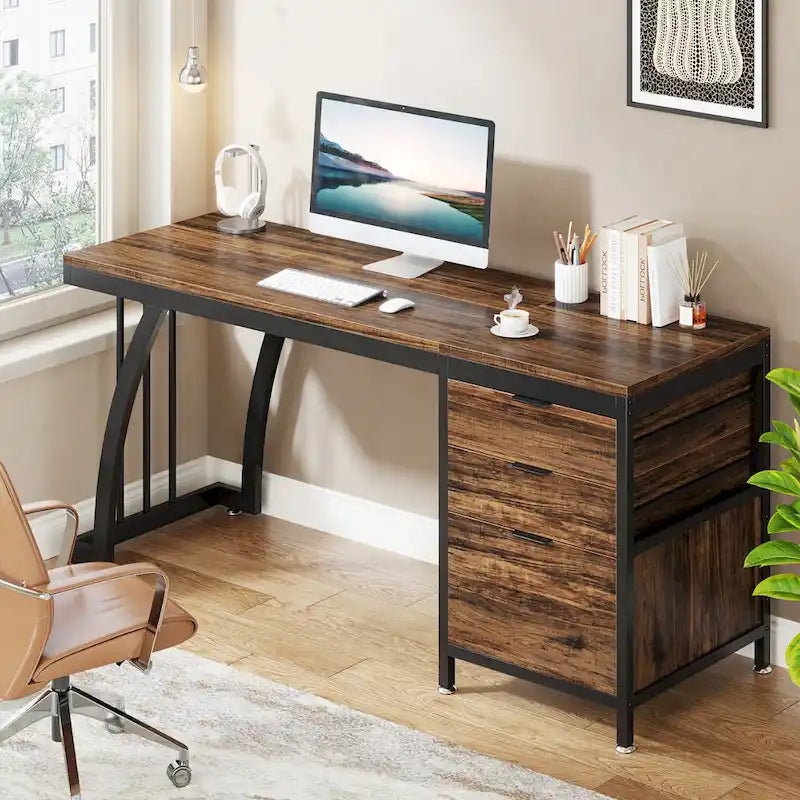 Bureau d'ordinateur réversible de 150 cm avec caisson à 3 tiroirs, style industriel, idéal pour le bureau à domicile ou la chambre.