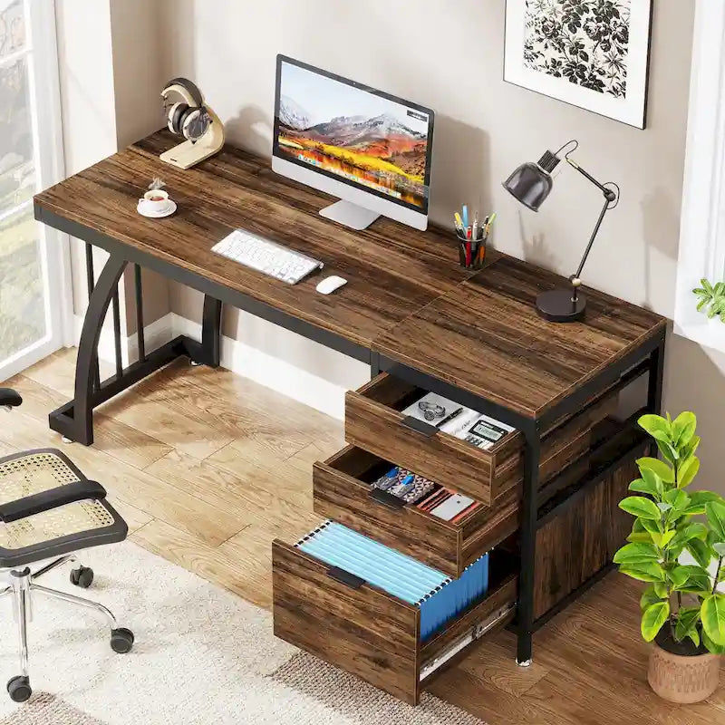 Bureau d'ordinateur réversible de 150 cm avec caisson à 3 tiroirs, style industriel, idéal pour le bureau à domicile ou la chambre.
