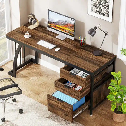 Bureau d'ordinateur réversible de 150 cm avec caisson à 3 tiroirs, style industriel, idéal pour le bureau à domicile ou la chambre.