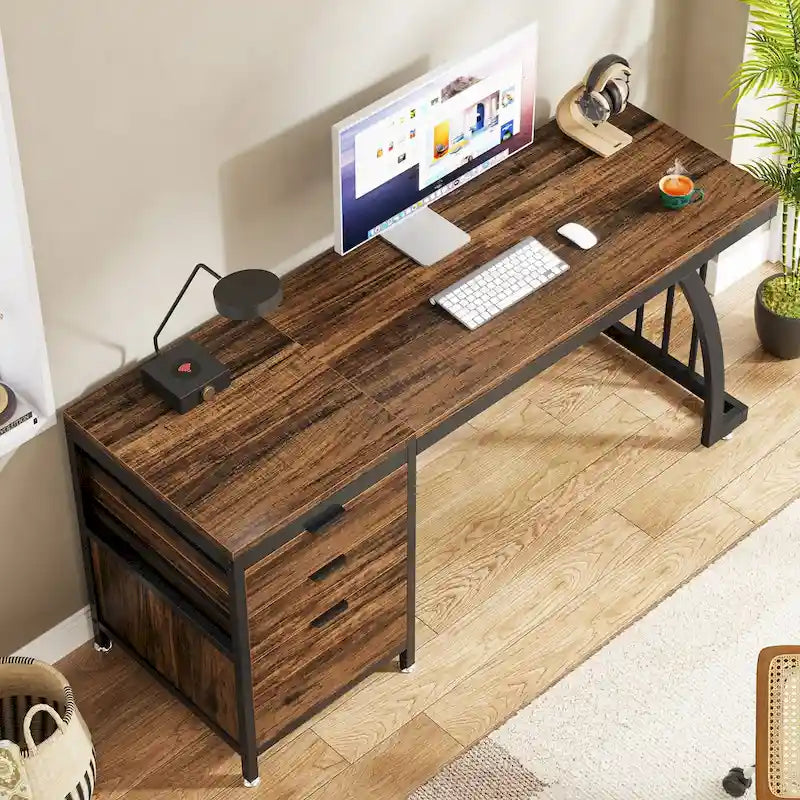 Bureau d'ordinateur réversible de 150 cm avec caisson à 3 tiroirs, style industriel, idéal pour le bureau à domicile ou la chambre.