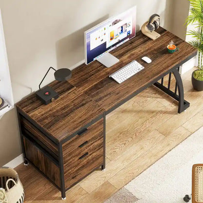 Bureau d'ordinateur réversible de 150 cm avec caisson à 3 tiroirs, style industriel, idéal pour le bureau à domicile ou la chambre.