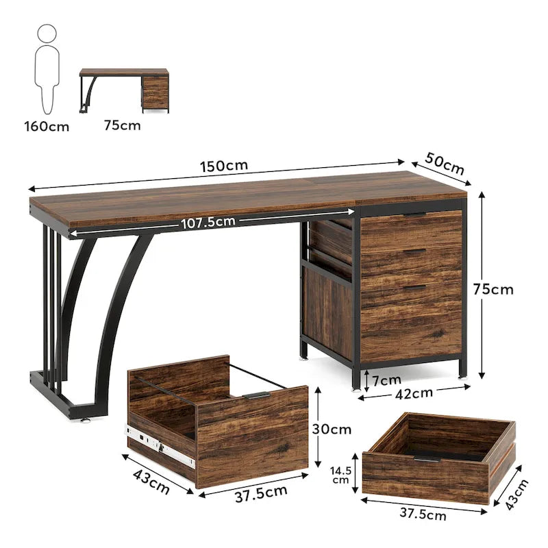 Bureau d'ordinateur réversible de 150 cm avec caisson à 3 tiroirs, style industriel, idéal pour le bureau à domicile ou la chambre.