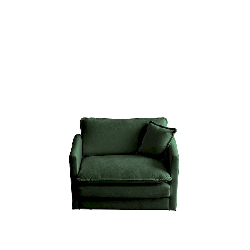 Fauteuil de lecture confortable et profond, une place, en tissu chenille vert, avec 1 coussin décoratif.