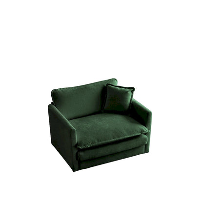 Fauteuil de lecture confortable et profond, une place, en tissu chenille vert, avec 1 coussin décoratif.