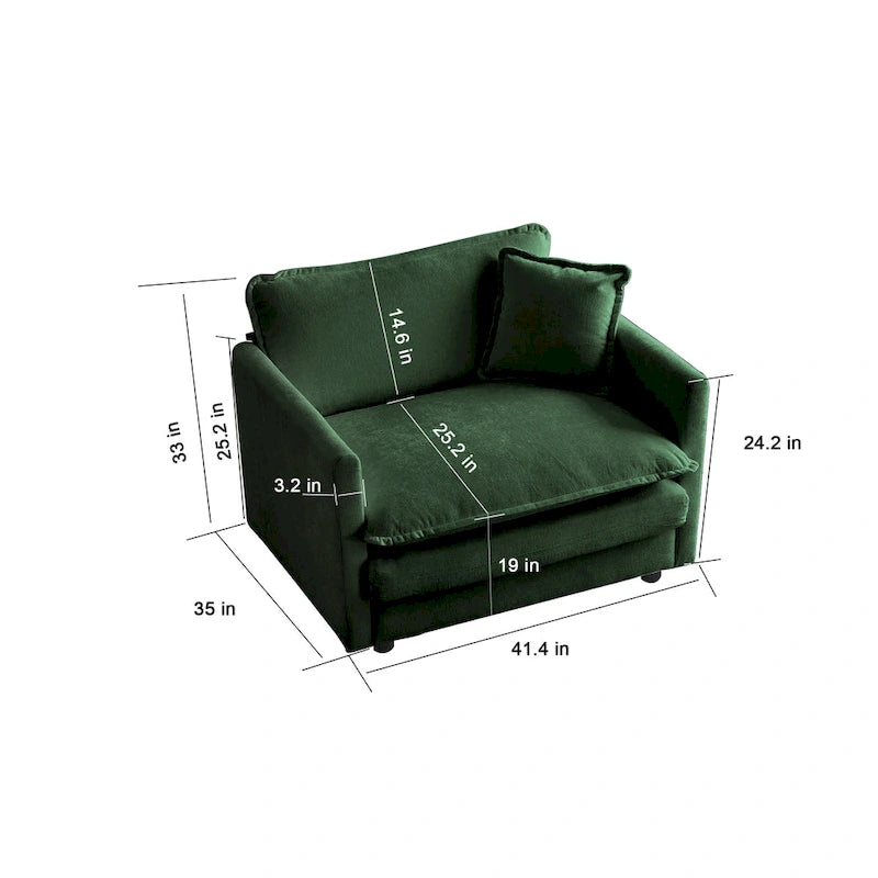 Fauteuil de lecture confortable et profond, une place, en tissu chenille vert, avec 1 coussin décoratif.