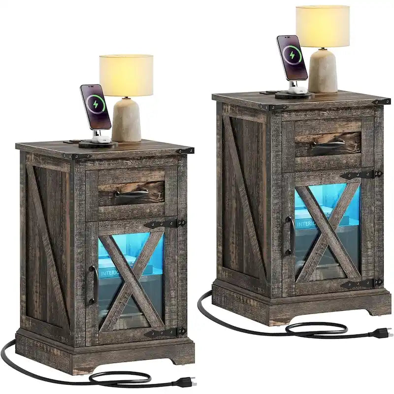 Ensemble de 2 tables d'appoint Moasis avec tiroir et prise électrique, table de chevet avec éclairage LED et station de recharge