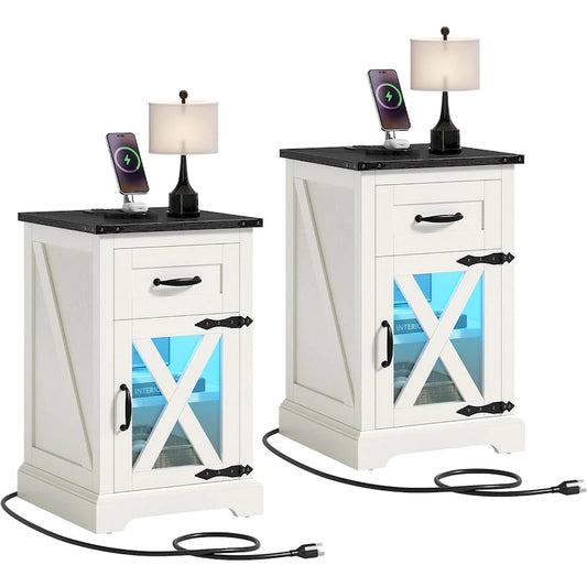 Moasis Set of 2 End Table with Drawer and Power Outlet, LED Light Side Table with Charging Station